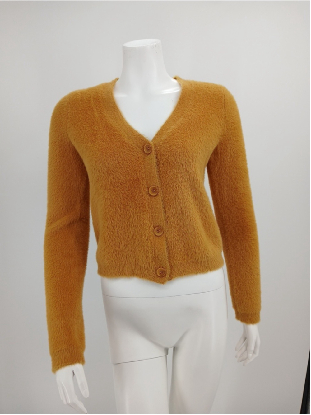 Rachel Zoe Mustard Yellow Fuzzy Cardigan Sweater Size XS Button Front Cropped